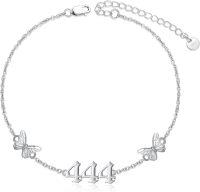 wholesale 925 Sterling Silver 444 Butterfly Angel Number Charm Bracelet Anklet for Women Girls - Adjustable Numerology s-444-Ankle 9+2-Ankle