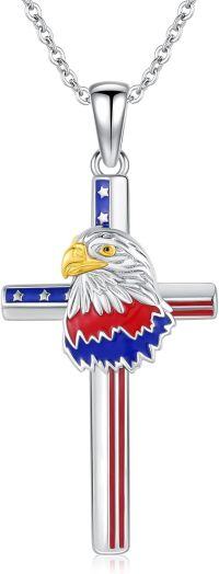 wholesale 925 Sterling Silver Bald Eagle Cross with American Flag Design Pendant Necklace for Men & Women-04-Eagle