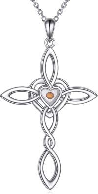 wholesale 925 Sterling Silver Celtic Knot Heart and Amber Stone Pendant Necklace-Mustard Seed Necklace-Celtic Cross