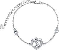 wholesale 925 Sterling Silver Heart-Shaped Unicorn & Cub Zirconia Charm Bracelet for Women Girls Birthday Gifts-04-April-White