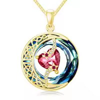 TOUPOP Sterling Silver Blue Crystal Birthstone Moon Star Pendant Necklace-color_name:B-07-July-Ruby-Gold