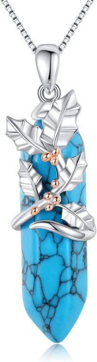 wholesale 925 Sterling Silver Turquoise Healing Stone Leaf Pendant Necklaces - Mothers Day Gifts for Mom Daughter Wife-12-Dec-Holly