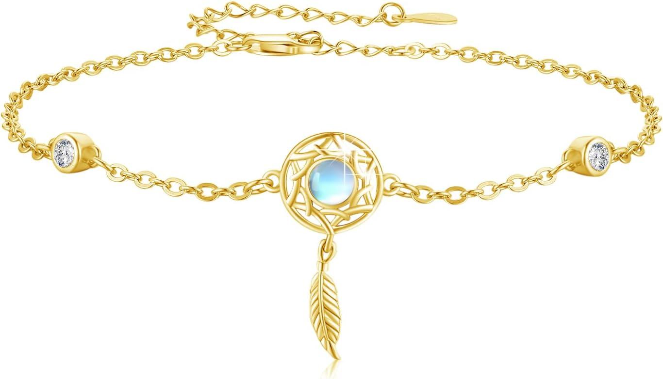 Sterling Silver Boho Stone Dream Catcher Bracelet for Women Adjustable 7+2in-Gold-Moonstone