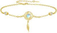 wholesale Gold 925 Sterling Silver Feather Charm Moonstone Adjustable Bracelet 9-8 in -A6-Moonstone charm(gold)