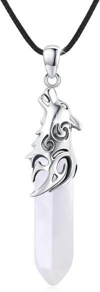 wholesale 925 Sterling Silver Wolf Necklace with Blue Crystal - Instinctual & Powerful Wolf Pendant, 20 Inch Chain, Hypoallergenic, Gift Box-(White)Crystal