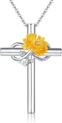 wholesale S925 Sterling Silver Cross Birth Flower Necklace November Marigold Floral Pendant Necklace Birth Flower Jewelry for Women Birthday Christmas Gifts-November Birthday Flower - Chrysanthemum