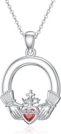 wholesale 925 Sterling Silver Claddagh Heart Pendant with Red Crystal and Cross on Hands Necklace - 3 Chains Included (24+2)-Claddagh Sacred Heart