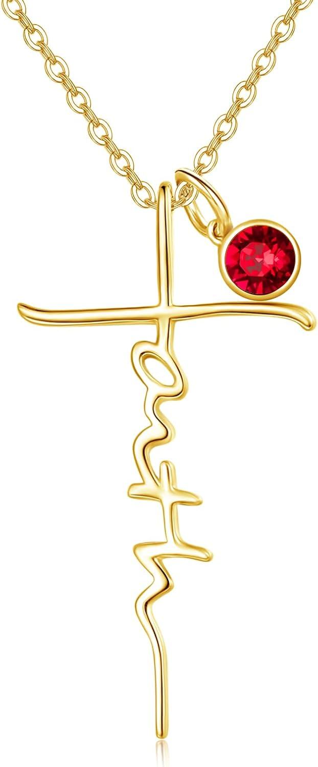 Sterling Silver Birthstone Faith Cross Pendant Necklace for Women-Gold-Ruby-Gold-Ruby