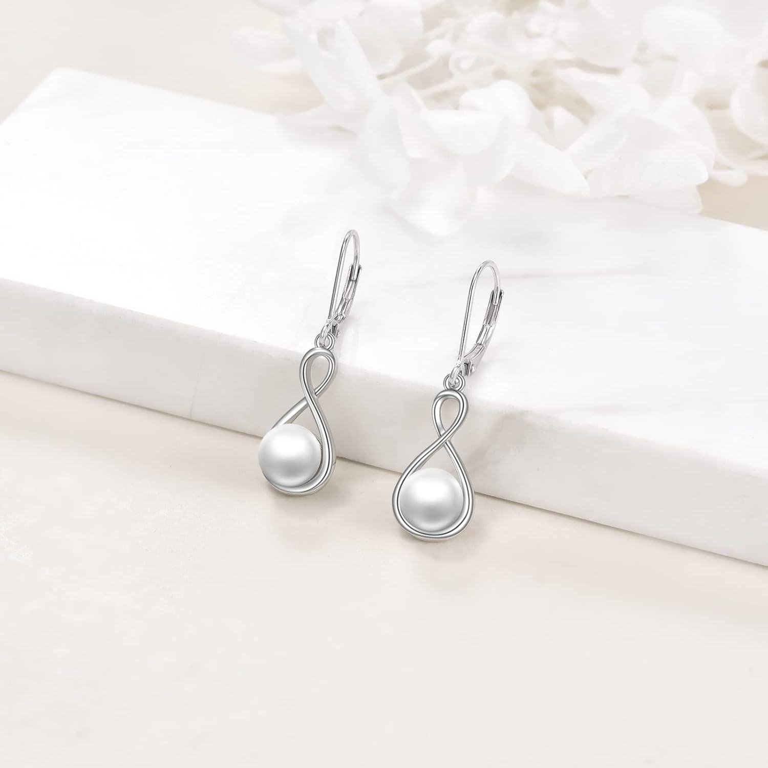 wholesale 925 Sterling Silver Infinity Pearl Leverback Earrings-0-2