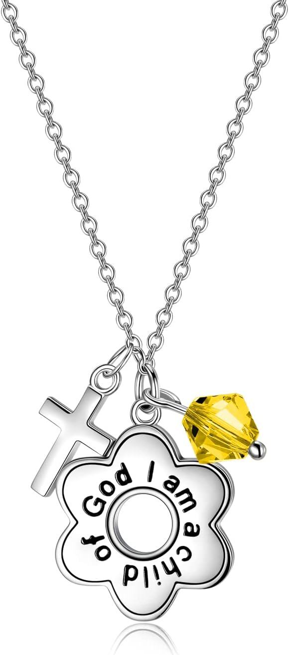 Sterling Silver Daisy Child of God Necklace for Girls Baptism Communion Birthday-Yellow