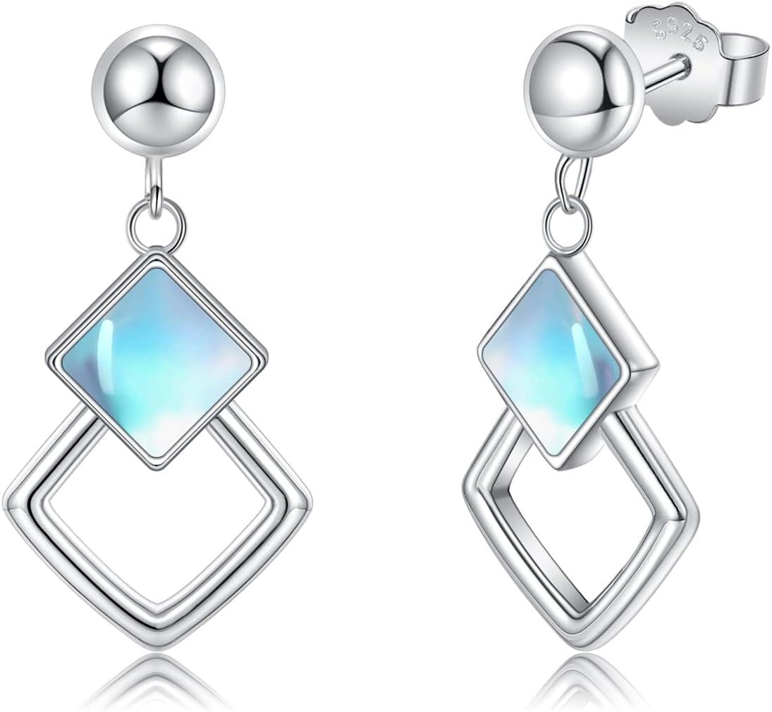  Sterling Silver Moonstone Turquoise Hypoallergenic Dangle Earrings -Rhombus-Moonstone