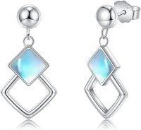 wholesale 925 Sterling Silver Square Shape Blue Opal Hypoallergenic Drop Earrings-Rhombus-Moonstone
