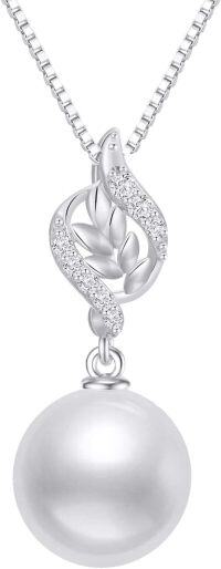 wholesale 14K Gold Leaf Design with White Pearl Pendant Necklace for Women - Elegant  (Length: Adjustable)-White Gold