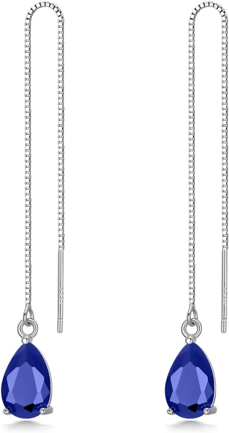 925 Sterling Silver Birthstone Crystal 11 8mm Threader Drop Long Chain Earrings-0-0