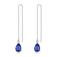 wholesale 925 Sterling Silver Birthstone Crystal 11 8mm Threader Drop Long Chain Earrings-Sapphire Blue
