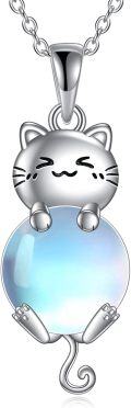 wholesale 925 Sterling Silver Blue Moonstone Cat Pendant Necklace for Women Cats Lover -0-0