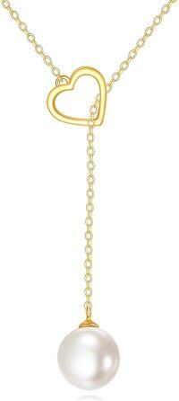wholesale 14K Yellow Gold Freshwater Pearl 9mm Necklace for Women-02-Heart+9mm Pearl Necklace
