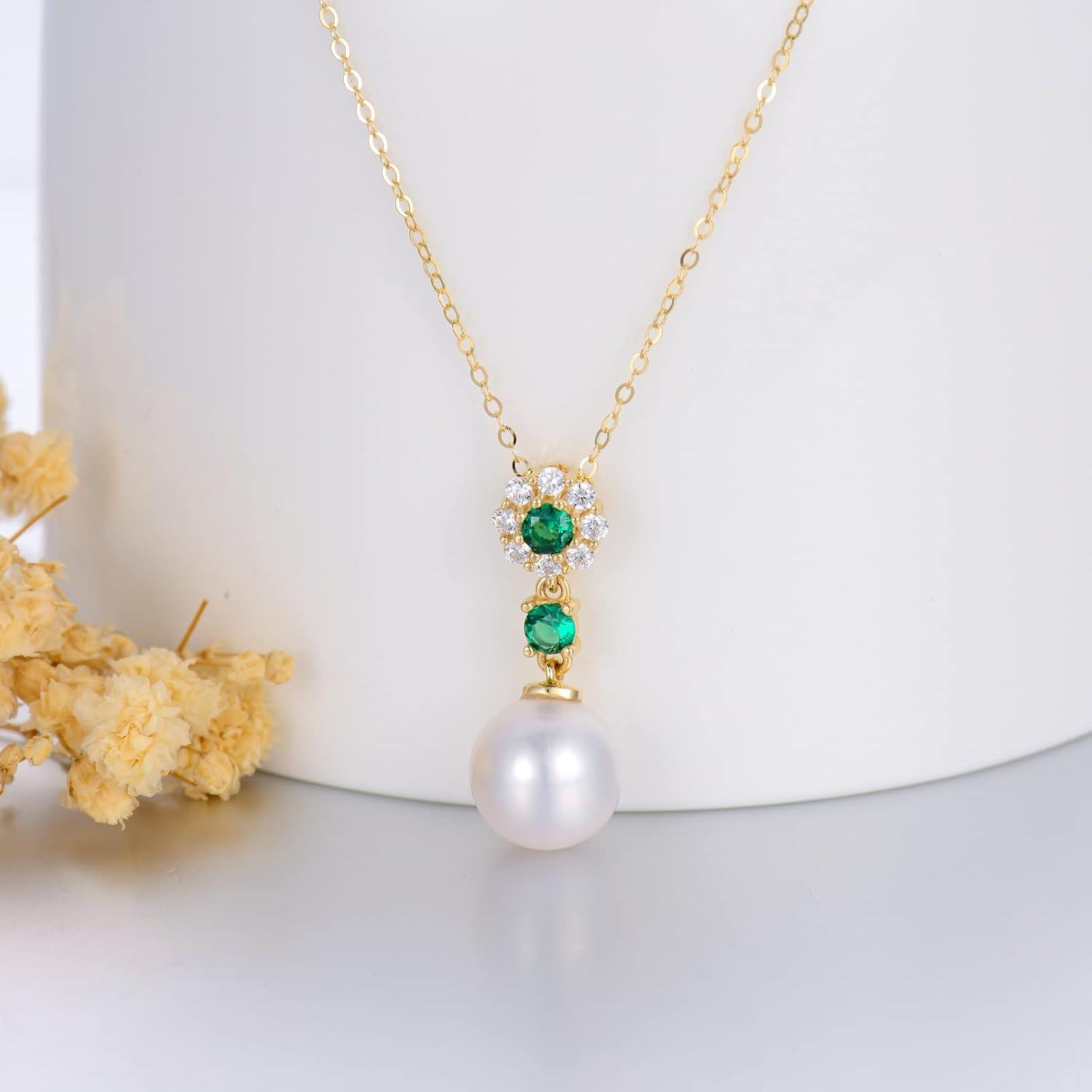 wholesale 14K Gold Green Crystal & White Pearl Pendant Necklace for Women - Elegant  Idea-0-3
