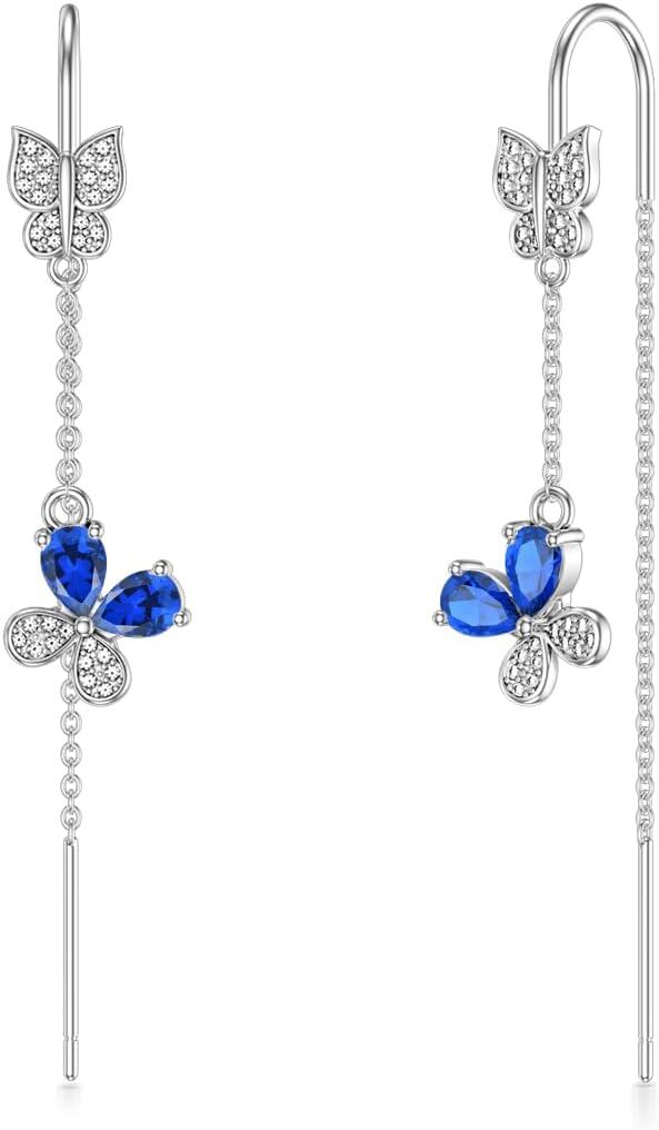 Sterling Silver 12 Birthstone Butterfly Threader Drop Earrings-9-Sep-Sapphire Blue