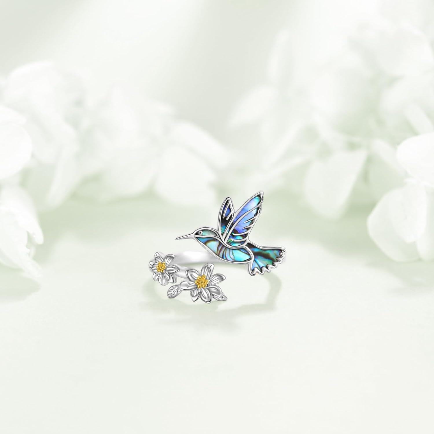 925 Sterling Silver Abalone Shell Hummingbird & Flowers Adjustable Open Ring for Women Girls Gifts Jewelry Accessories-0-3