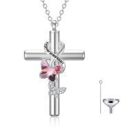 wholesale 925 Sterling Silver Butterfly Cross Keepsake Pendant Urn Necklace with Funnel Set-A_Pink Butterfly Urn Necklace Non-personalized
