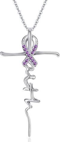 wholesale 925 Sterling Silver Birthstone Faith Cross Pendant Necklace for Women Religious Jewelry Gifts-Silver-02-Feb