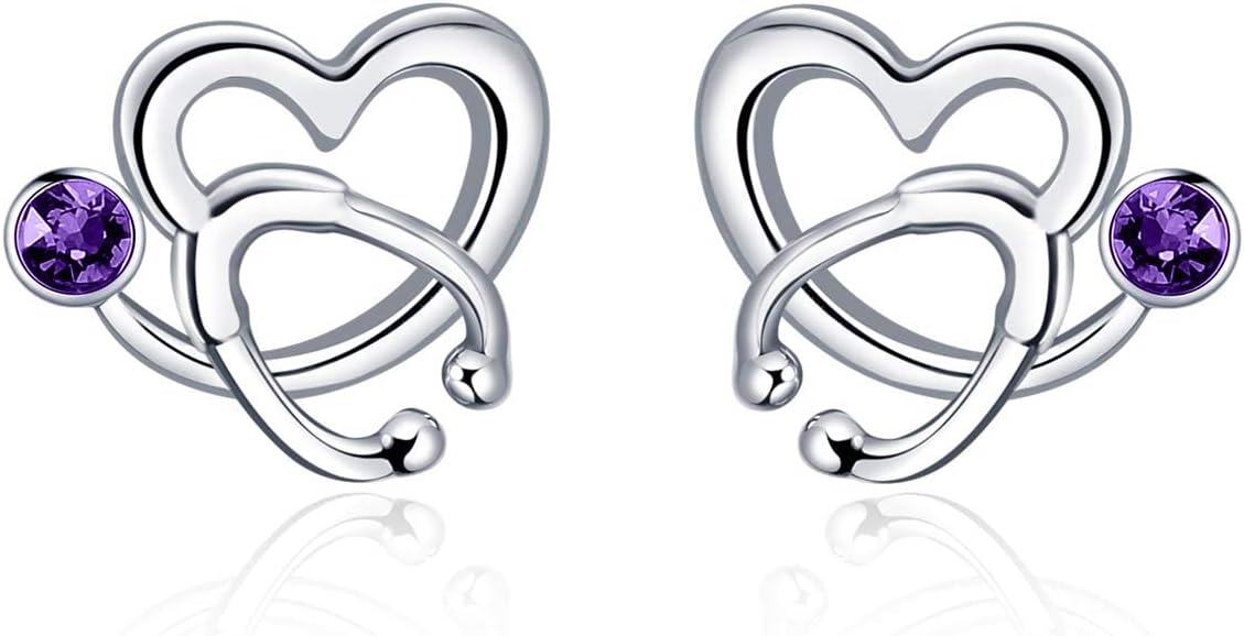 Sterling Silver Austria Crystal Nurse Earrings Stethoscope Studs Graduation Gifts for RN Doctor Medical Student-Simulated Amethyst 1