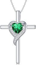 wholesale 925 Sterling Silver Emerald May Birthstone Heart Cross Necklace for Women-0-0