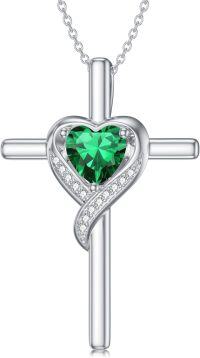 wholesale 925 Sterling Silver Emerald May Birthstone Heart Cross Necklace for Women-05-Emerald-May.