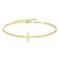 wholesale 14K Gold 58.5% Pure Cross Bracelet, Tarnish-Resistant Hypoallergenic Cable Chain, Adjustable 6.5-8.1 Inch, 1.46g, Gift Box-Double Layered