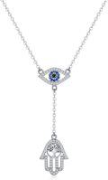 wholesale 925 Sterling Silver Evil Eye Hamsa Hand Lariat Necklace with Blue and White CZs Protection Amulet  for Women-0-0