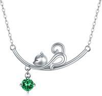 wholesale Sterling Silver Austrian Crystal Cat Kitten Pendant Necklace Birthstone Gift-Emerald Green