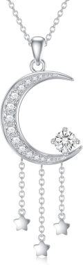 wholesale 18K White Gold Plated Sterling Silver Moissanite Diamond Moon and Star Necklace with Zircons, 0.5ct D Color VVS1-0-0