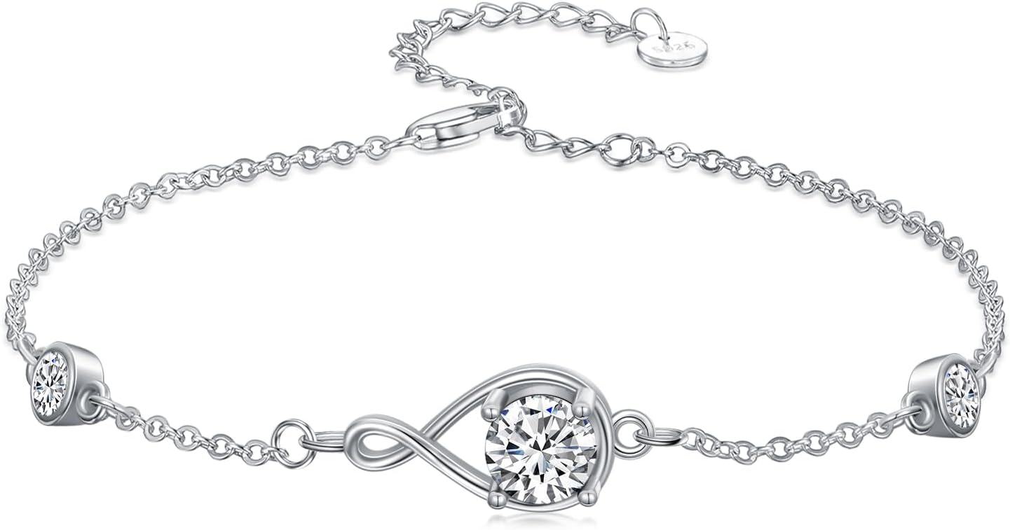  Sterling Silver Infinity Birthstone Link Bracelet for Women Adjustable 7 +2 Chain Gift -12-Dec-Topaz