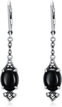 wholesale 925 Sterling Silver 9mm Oval Birthstone Vintage Leverback Dangle Drop Earrings-Black Onyx