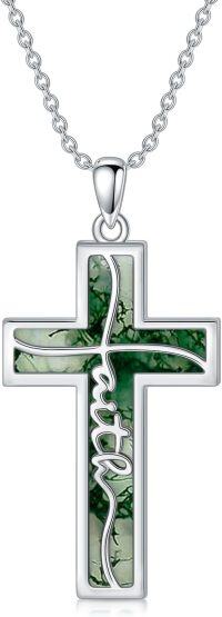 wholesale  Sterling Silver Genuine Gemstone Faith Cross Necklace for Women -C1-Natural Moss Agate
