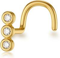 wholesale Gold Plated CZ Nostril Ring for Women - 3 Stone Design Nose Stud Hoop Earrings (18g/20g)-Style 3