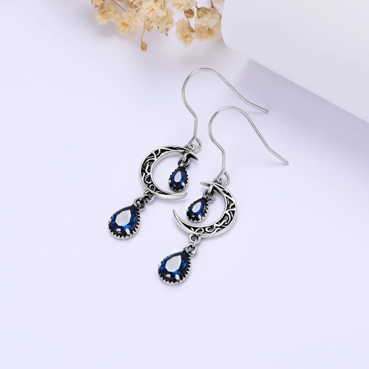 925 Sterling Silver Crescent Moon Drop Earrings with Blue Stones and Antique Finish-0-3