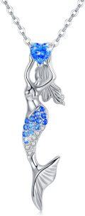 wholesale 925 Sterling Silver Blue CZ Heart Mermaid Pendant Necklaces for Women Beach Gifts-0-0