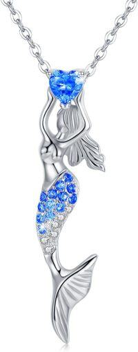 wholesale 925 Sterling Silver Blue CZ Heart Mermaid Pendant Necklaces for Women Beach Gifts-A001-12 Mermaid Necklace(Navy blue)