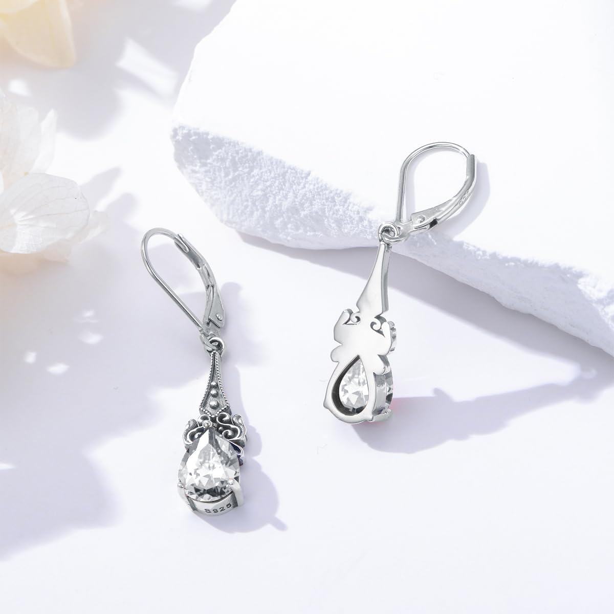 wholesale 925 Sterling Silver 10mm Teardrop 12 Months Birthstone Dangle Drop Earrings-0-2