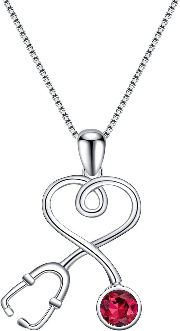 925 Sterling Silver Stethoscope Necklace w 12 Austria Birthstone Crystals Med Grad Gift-0-0