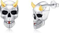 wholesale Silver 925 Sterling Silver Devil Horns Skull Stud Earrings with Red Stone Gothic Punk Style  for Men & Women-Evil Skull
