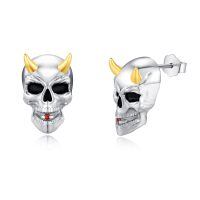 wholesale Silver 925 Sterling Silver Devil Horns Skull Stud Earrings with Red Stone Gothic Punk Style  for Men & Women-Evil Skull