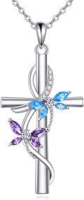 wholesale 925 Sterling Silver Dragonfly Cross Necklace with Blue and Purple Stones Birth Flower Jewelry for Women-0-0