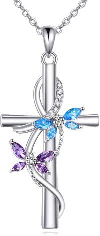 wholesale 925 Sterling Silver Dragonfly Cross Necklace with Blue and Purple Stones Birth Flower Jewelry for Women-Dragonfly