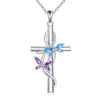 wholesale 925 Sterling Silver Cross Necklace With Blue And Purple Swarovski Crystals-Dragonfly