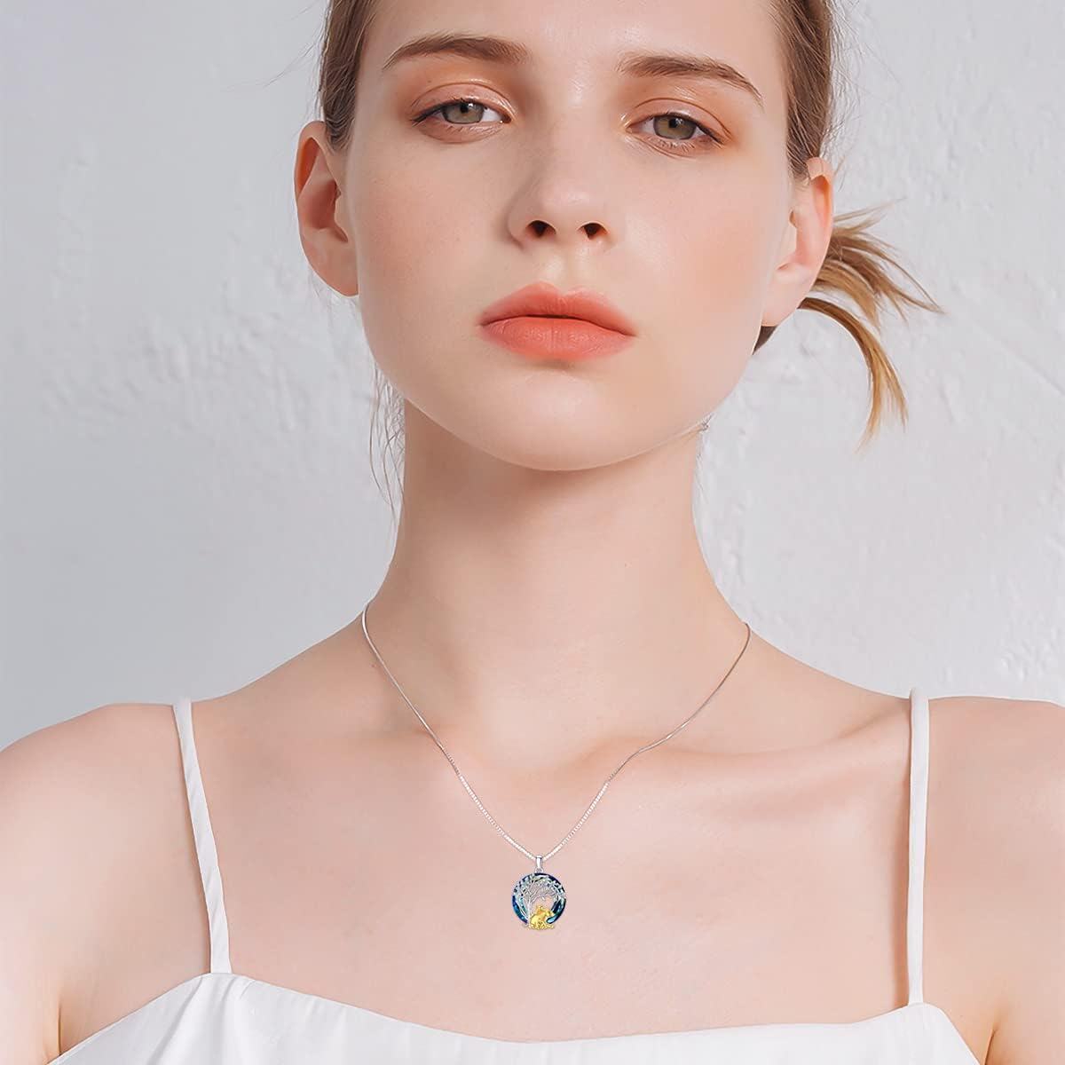 925 Sterling Silver Tree of Life with Animals Pendant Necklace - Blue Crystal & Gold Plated Foxes and Cats Design-0-3
