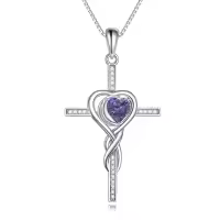 TOUPOP White Gold S925 Sterling Silver Amethyst February Birthstone Cross Pendant Necklace-undefined