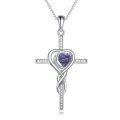 TOUPOP White Gold S925 Sterling Silver Amethyst February Birthstone Cross Pendant Necklace-0-0